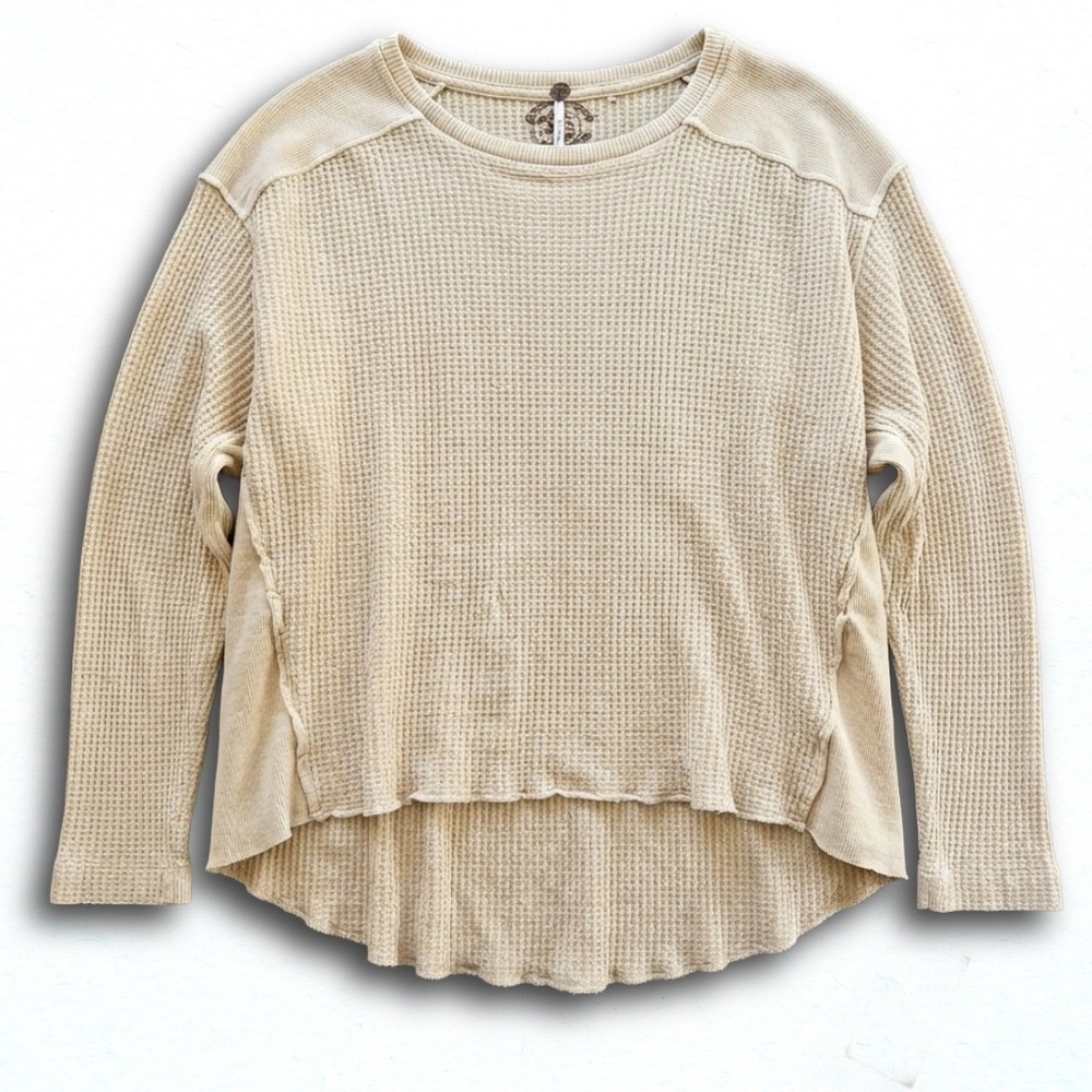 FP One Free People Oversized Waffle Knit Thermal Top Cream Beige Mixed Media